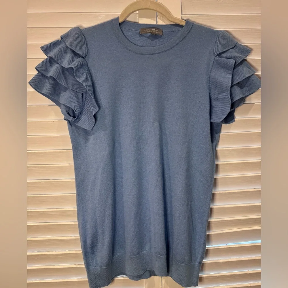 Neiman Marcus Cashmere Collection Silk Blend Ruffle Sleeve Top Size M Blue - Picture 1 of 5